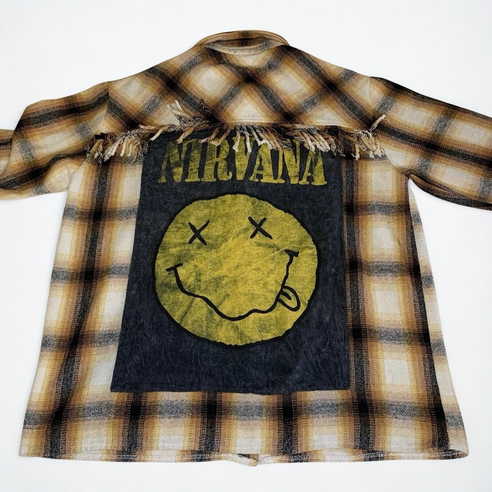 Nirvana‎ Upcycled Flannel Shirt Unisex Brown Tan Plaid Grunge Reworked Indie